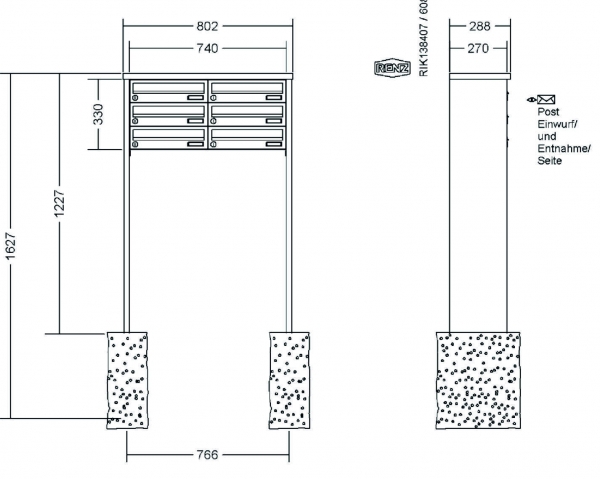 RENZ Briefkastenanlage freistehend, Tetro, Edelstahl V4A, Kastenformat 370x110x270mm, 6-teilig